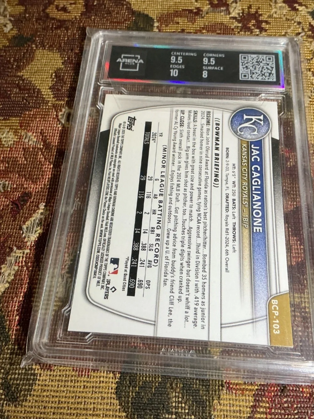 2025 Bowman BCP-103 Jac Caglianone Chrome Prospects Graded Rookie card Arena 8.5